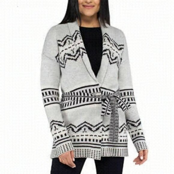 Rachel Roy Wool Blend Belted Cardigan Sweater Tribal Aztec Cowichan Winter Shawl - Picture 1 of 12